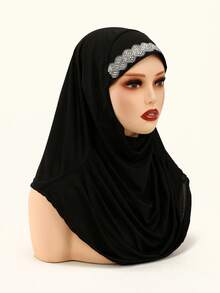 قطعة واحدة غطاء رأس نسائي أحادي اللون، وشاح رأس قابل للطي مريح من البوليستر، وشاح رأس عملي، توبون، خمار طويل فوري، مناسب للارتداء اليومي في جميع الفصول - وشاح رأس مطوي مرصع بأحجار الراين المتلألئة - مشاهدة 18