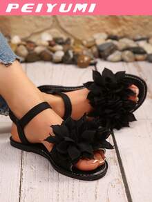 PEIYUMI Women's Sandals, Summer Beach Floral Decor Sandals, Stretchy Elastic, Easy To Carry - Black - View 2