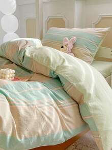 四件套绿色条纹床上用品（1件被套+1件床单+2件枕套），柔软舒适，适合宿舍、卧室、客房、学生宿舍，四季皆宜。 - 淡香_綠 - 查看 7