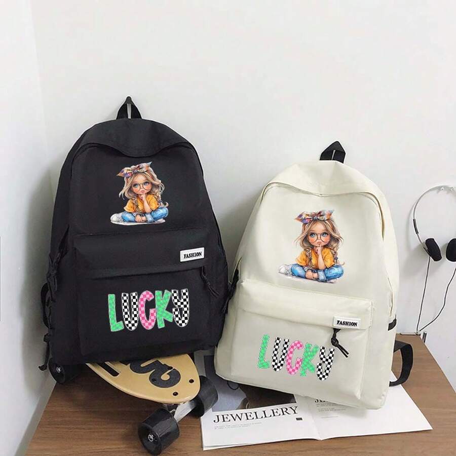 Lucky Girls Casual Large-Capacity Backpack, Ins Style Fashionable Boys And Girls, Korean Version Simple College Student Schoolbag, Travel Backpack Back To School Supplies Stationery Supplies Sprayground Backpack,Essentials Office Supplies Valentine's Day Gifts - Multicolor - View 1