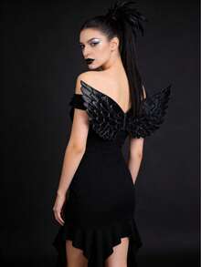 万圣节黑暗恶魔角色扮演套装，黑色天使翅膀和面具两件套，派对表演服装 - 彩色 - 查看 3