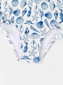 少女比基尼套装，可爱针织面料，数码贝壳印花，可调节肩带，荷叶边设计，两件式泳衣，休闲保守的韩式风格，优雅女士沙滩泳装 - 藍色 - 查看 4