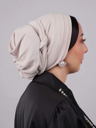 1件装女士经典纯色优雅三层即戴式头巾，配有飘逸的丝带，时尚个性长款丝带头巾，防滑吸湿透气柔软莫代尔针织面料，适合日常瑜伽、运动、户外活动。