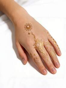 3 Sheets Metallic Golden Temporany Tattoo Stickers,Sun & Moon Waterproof Tattoos, Star Element Bronzing Flash Fake Tattoos For Face Body Hand Arm Neck Body Makeup - Gold - View 5