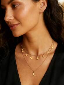 1件新款创意极简星月新月流苏项链 - 金黃色 - 查看 2