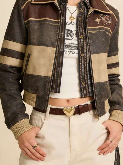 1pc Vintage Gothic Style Elegant Coffee Color Women's Belt, Golden Heart Decor Buckle, Suitable For Coat, Shorts, Skirt, High Heels, Slippers, Suitable For Beach, Music Festival, Party, Daily Life, Street, Date