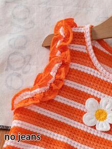 BASUSARRI Bộ quần short in 3D cho bé gái, áo hở lưng viền hoa, quần short giả váy hoa 3D, trang phục thường ngày thời trang cho bé gái. - trái cam - Xem 7