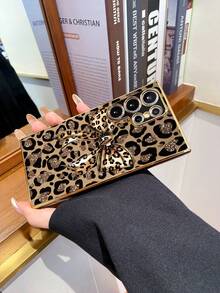 1pc 6D Electroplated Black TPU Amber Leopard Print Element Personalized Fashion Bow Illustration Pattern Shockproof Phone Case - Multicolor - View 4