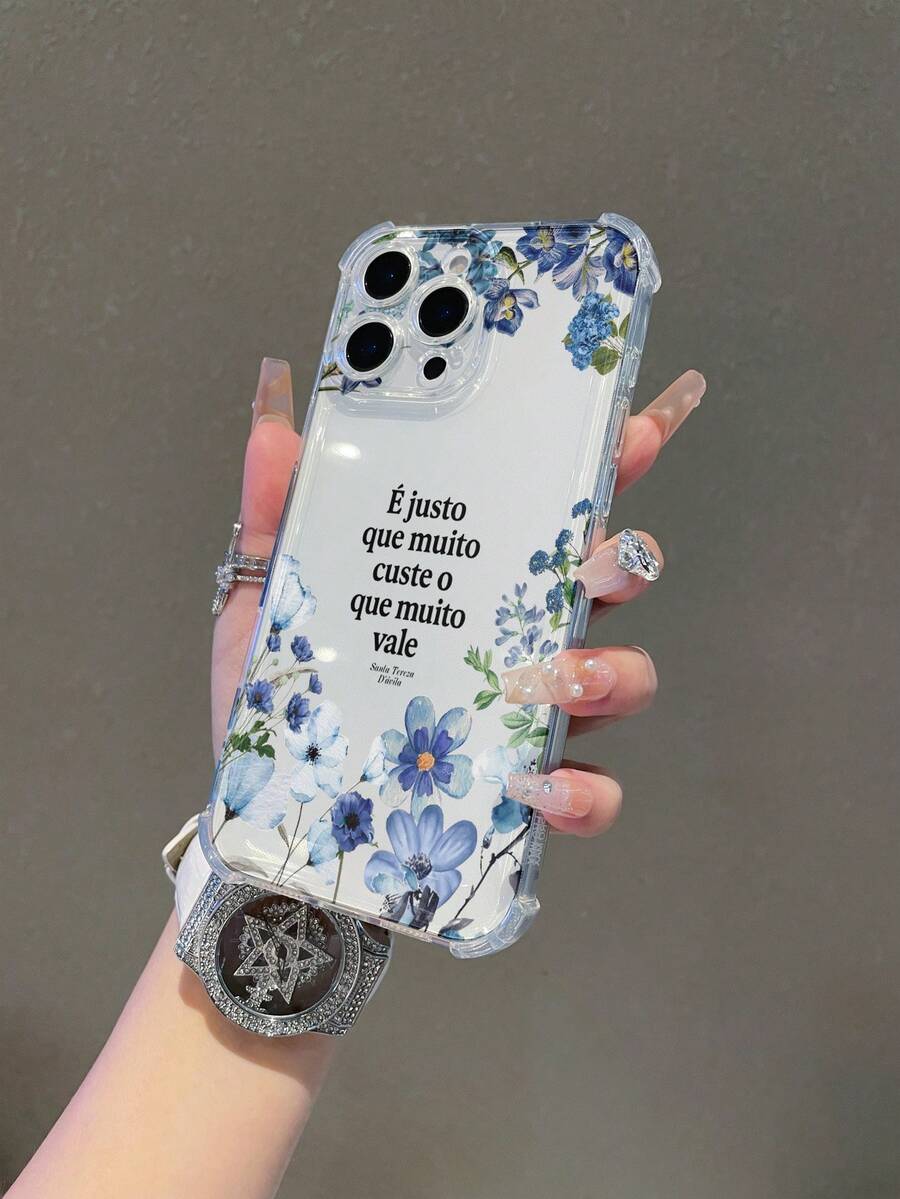 1pc Fashion Creative Floral & Letter Transparent TPU Shockproof Phone Case, Suitable For Apple XS/XS Max/XR/11/12/13/14/14 Plus/15/15 Plus/16/16 Plus/17, Can Be Given As Holiday Gift For Boyfriend/Girlfriend - Clear - View 1