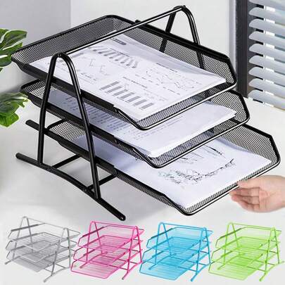 1pc Office Metal Wire Grid Multi-Layer Storage Rack, Featuring Stable Triangular Structure And Thick Material, Space-Saving And Convenient For Organization
