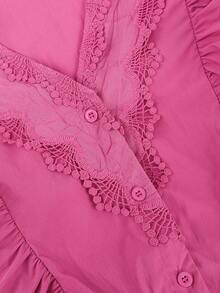 ii Casual Solid Color Lace Patchwork Ruffle Trim Long Sleeve Blouse Spring - Hot Pink - View 9