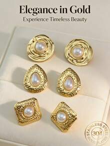Retro Pearl Earrings - Thick Gold Geometric Oval Pearl Stud Earrings With Exaggerated Texture, Round And Unique Style Earrings, Fashionable Jewelry Gift, Baroque Pearl Earrings, Women's Large Golden Pearl Earrings, Irregular Large Pearl Earrings, Unique And Fashionable Jewelry.(1/3pairs) - Multicolor - View 1