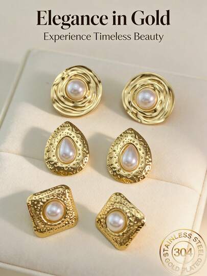 Retro Pearl Earrings - Thick Gold Geometric Oval Pearl Stud Earrings With Exaggerated Texture, Round And Unique Style Earrings, Fashionable Jewelry Gift, Baroque Pearl Earrings, Women's Large Golden Pearl Earrings, Irregular Large Pearl Earrings, Unique And Fashionable Jewelry.(1/3pairs)