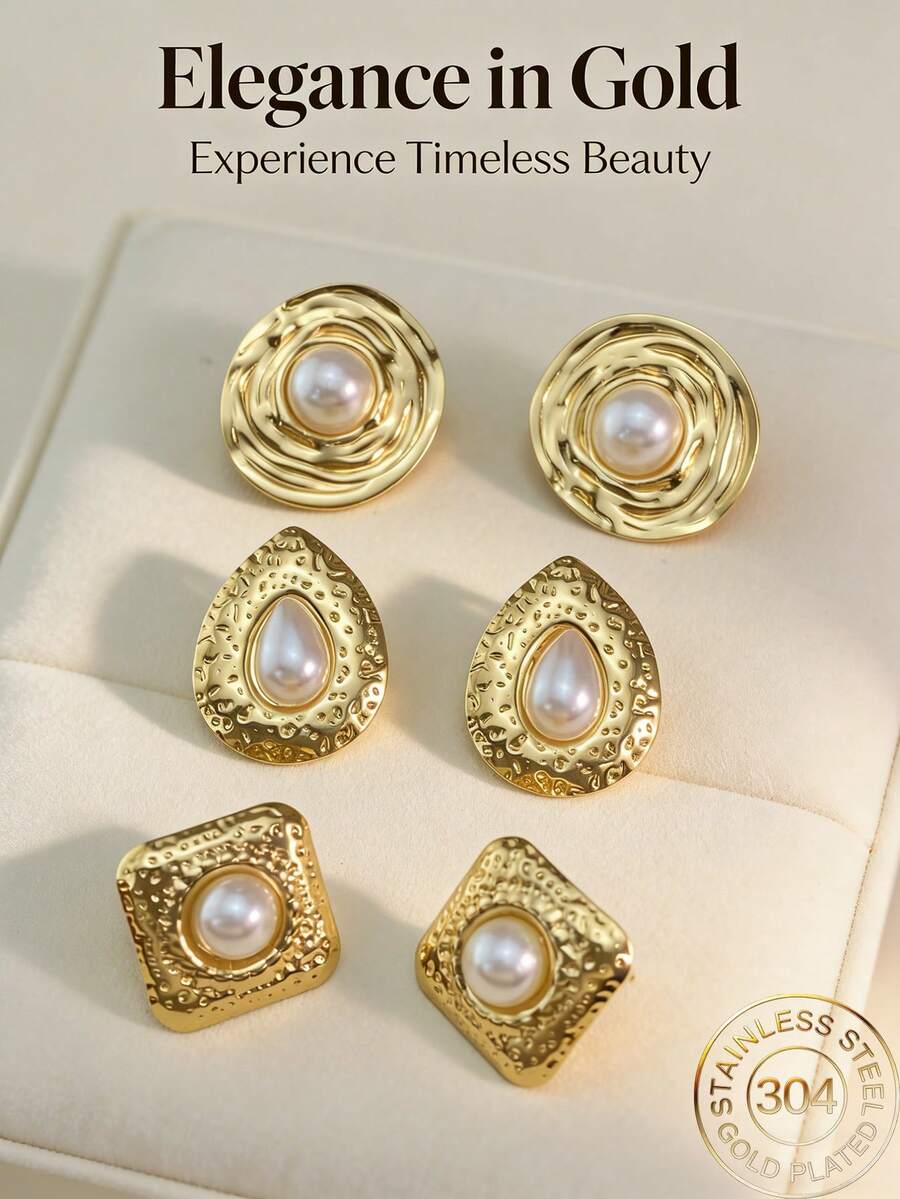 Retro Pearl Earrings - Thick Gold Geometric Oval Pearl Stud Earrings With Exaggerated Texture, Round And Unique Style Earrings, Fashionable Jewelry Gift, Baroque Pearl Earrings, Women's Large Golden Pearl Earrings, Irregular Large Pearl Earrings, Unique And Fashionable Jewelry.(1/3pairs) - Multicolor - View 1