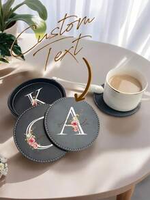 1/3pcs/5pcs Set Customized Coasters, Round 10cm PU Leather Coasters With Text/Letter, For Coffee Cups, Tea Cups, Dining Table, Bar, Car, Heat-Resistant Anti-Slip Mats, Personalized Gifts - Black - View 1