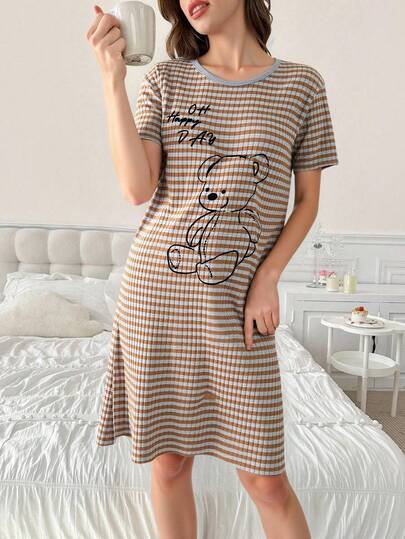 Women Cotton Constrast Binding Detail Striped With Cute Lettered Bear Pattern Short Sleeved Sleep Dress Nightgown
