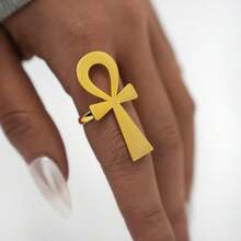 JWIGP Ankh Cross Adjustable Ring – Gold Plated Chunky Statement Band, Egyptian Sym.Bol Jewelry, Stainless Steel Spiritual Thumb Index Midi Retro Vintage Fashion Accessory For Women Men - 金色 - 查看 4