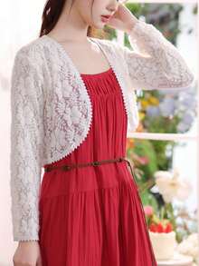 1 chiếc áo khoác cardigan ren mỏng nhẹ, áo khoác mùa hè thanh lịch tay dài thoáng mát, có thể phối cùng váy slip dress. - trắng - Xem 6