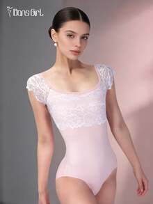 DonsGirl 女士甜美公主芭蕾舞紧身衣，短袖，蕾丝拼接镂空露背设计，花样滑冰及舞蹈表演服 - 淺粉色 - 查看 2