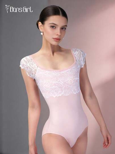 DonsGirl 女士甜美公主芭蕾舞紧身衣，短袖，蕾丝拼接镂空露背设计，花样滑冰及舞蹈表演服