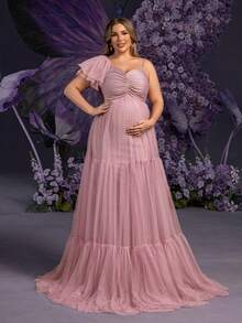 Faeriesty Elegant Maternity Plus Size Soft Pink Asymmetric Neckline Maxi Party Gown For Women | Sheer Mesh & Tulle Fabric With Multi-Layer Flounce , Chest Ruched Detailing For Feminine Dimension, Perfect For Spring Weddings, Mother's Day Celebrations - Mauve Purple - View 8