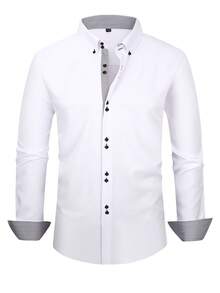 Men's Business Formal Shirt, Pointed Collar Double Button Design, Contrast Black Button Detail, Wrinkle-Resistant Long Sleeve Shirt, Professional Office Wear, Classic Versatile Men's Clothing - White - View 3