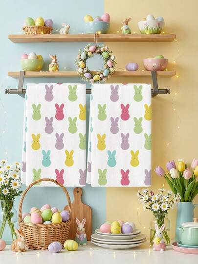 2 Pcs Colorful Bunny Pattern Kitchen Towels Easter Dish Towels Can Be Used In Kitchen Drying Hand Towels Tea Tow