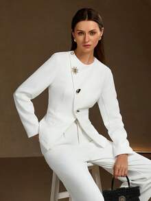 Women's Elegant White Long Sleeve Asymmetrical Hem Blazer With Gold Button Details Regular Fit Woven Fabric - Milky White - View 4