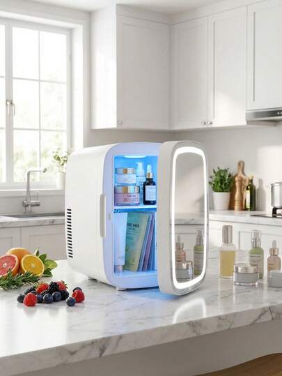 SOKANY ثلاجة صغيرة 4 لتر مع مرآة وإضاءة LED قابلة للتعديل، تبريد مزدوج لتخزين المستحضرات التجميلية والأطعمة، ثلاجة صغيرة محمولة للاستخدام في غرفة النوم والمكتب والسيارة