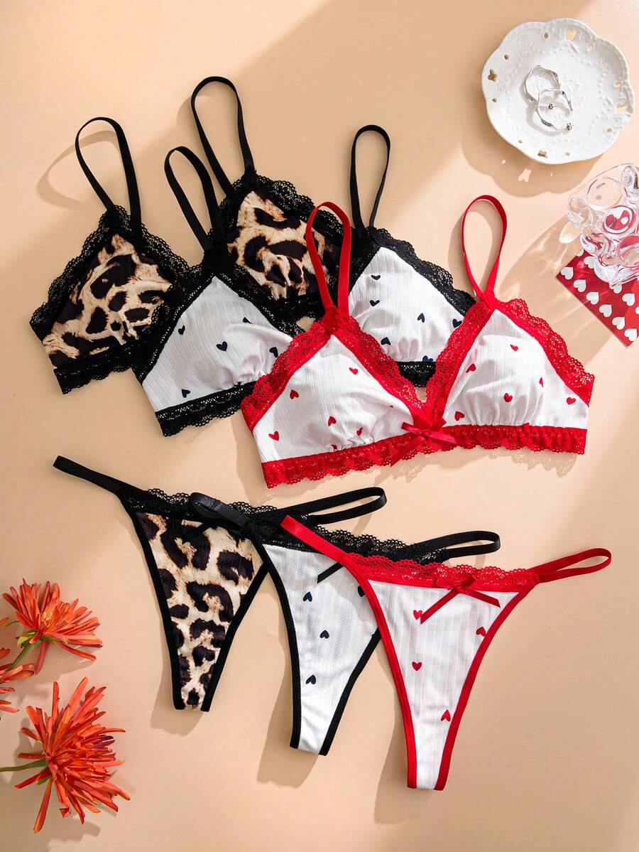 3件套女士蕾丝拼接爱心蝴蝶结性感内衣套装（文胸和内裤）