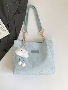 新款极简主义大容量女士单肩包，时尚休闲复古腋下包，小巧精致的通勤手提包，带吊坠 - 藍色 - 查看 9