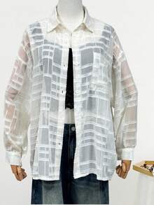 女士杏色格子长袖防晒衬衫，适合海滩、度假、日常穿着、约会、派对等场合。 - 杏色 - 查看 9