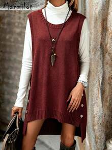 Solid Color Fashionable Streetwear Sleeveless Round Neck Vest Top With Button Design Sweater - Red - View 4