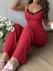 Cotton Women 2 Pcs Contrast Colour Lace Detail V Neck Rib Knit Sexy Top & Long Pants Homewear Comfort Solid Homeweaar Lounge Set - Burgundy - View 1