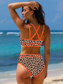popvil Leopard Print Contrast Trim Bikini Set, Summer Vacation - Multicolor - View 2