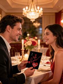 Elegant Valentine's Day Greeting Card With Red Rose Motif: Express Love, Passion & Romance​ – Features A Sleek Black Background With Striking Red Cursive "I Love You", Accompanied By A Delicate Red Rose And Intricate Heart Patterns. The Card Measures 17.8cm*12.7cm/7"*5" And Comes With A Matching Red Envelope. - Single Piece - View 5