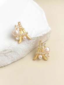 一对女士优雅珠宝养殖珍珠埃菲尔铁塔锆石S925银耳钉，适合日常佩戴，情人节礼物 - #1 - 查看 4