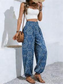 大码女式松紧腰随机印花休闲裤，带口袋 - 藍色 - 查看 2