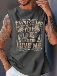 美式西部风格印花宽松休闲无袖男士背心，夏季 - 深灰色 - 查看 1