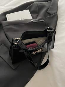 时尚酒红色纯色镜面女士单肩包，奢华优雅手提包 - 黑色 - 查看 8