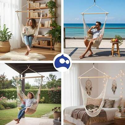 Hamaca Colgante de Algodón con Soporte de Madera, Capacidad 150 kg, Ideal para Interior y Exterior (Incluye Accesorios de Fijación). Bluelander