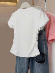 Loopwear Short-Sleeve T-Shirt With Bear Print, Ruched Design, Minimalist And Casual Style For Teenagers - White - View 3