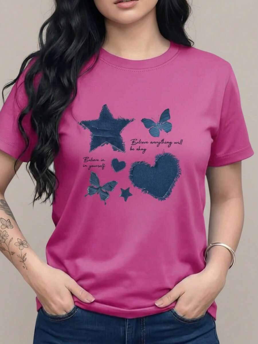Camiseta grafica femenina mujer playera casual estampado corazones estrella mariposas estilo mezclilla uso diario dia noche san valentin dia de los enamorados material suave corte holgado cuello redondo manga corta - Rosa Fucsia - Ver 1