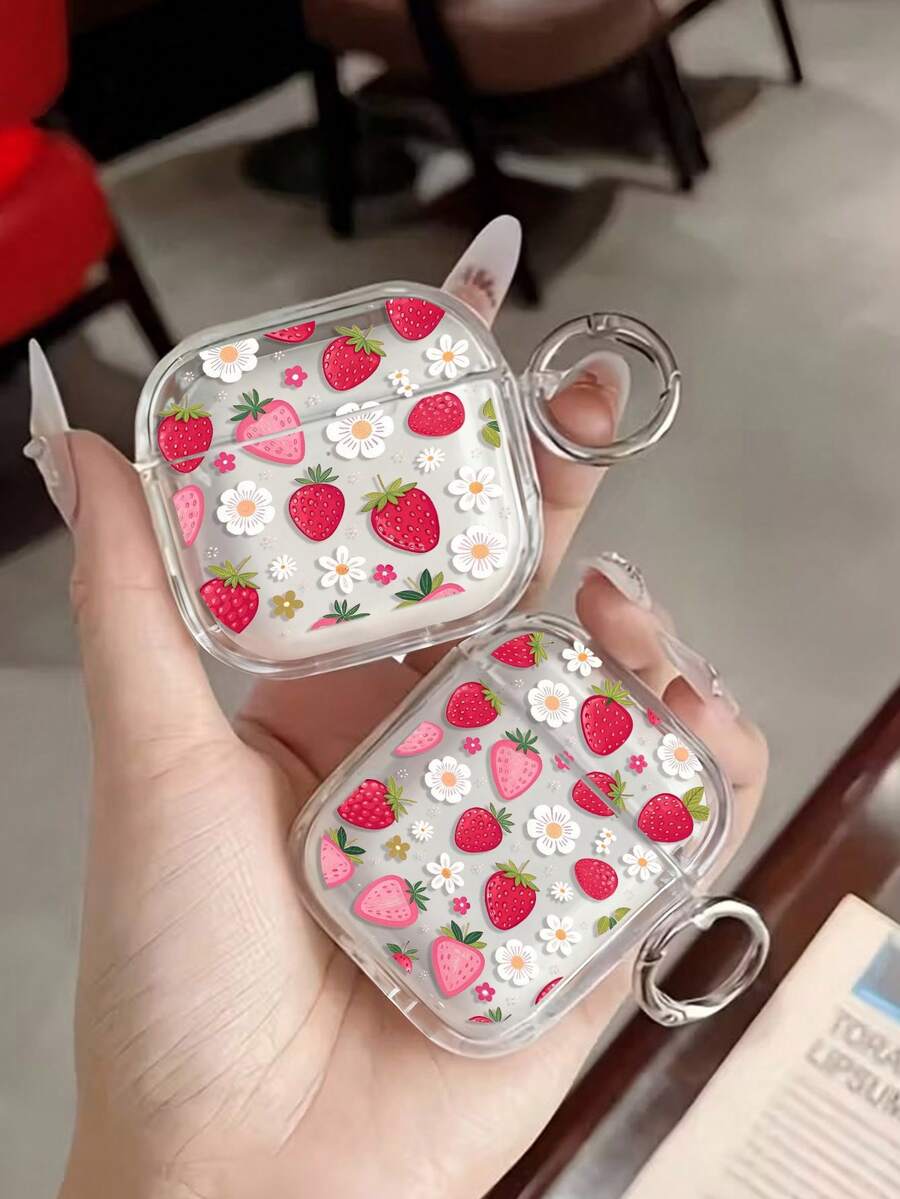 Strawberry Flower Painted Transparent Earphone Case With Button, Protective Soft Shell Compatible With Apple 1/2/3/4, Compatible With Airpods Pro 2nd, 3rd, 4th, 5th Generation Wireless Bluetooth Earphones, Transparent Case For Women - Multicolor - View 1