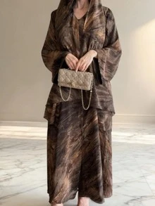 SuofeiMan 女士时尚中东穆斯林印花休闲长袍外套，适合春夏穿着，优雅长袍，适合日常休闲、旅行、度假、休闲度假或派对场合。 - 棕色 - 查看 1