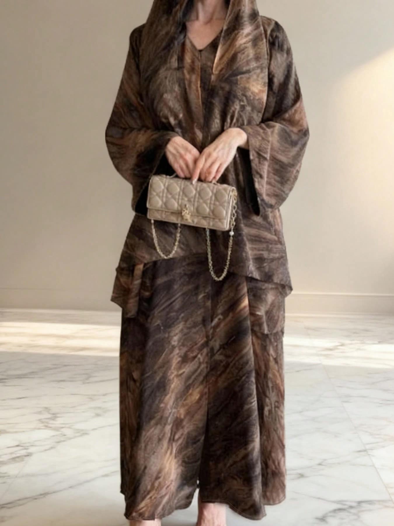 SuofeiMan 女士时尚中东穆斯林印花休闲长袍外套，适合春夏穿着，优雅长袍，适合日常休闲、旅行、度假、休闲度假或派对场合。 - 棕色 - 查看 1