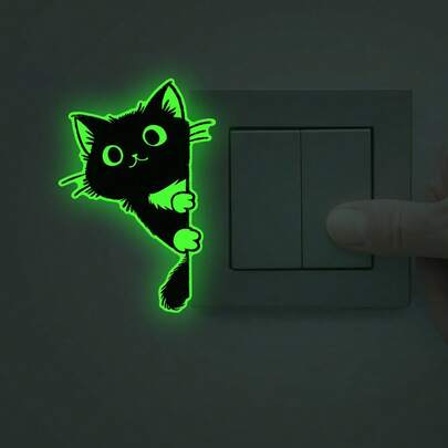 1pc Cute Glowing Cat Switch Sticker, Self-Adhesive And Removable PVC Green Fluorescent Decorative Sticker, Suitable For Bedroom, Living Room, Kitchen, And Bathroom Decoration, Automatically Glows In The Dark.