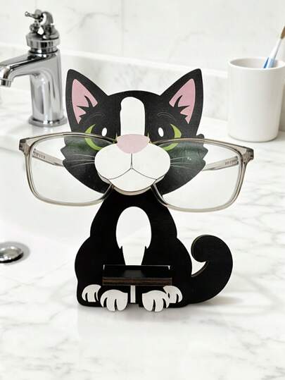 1 Holz Katzen-förmiger Brillenständer - Niedliches schwarz-weißes Kätzchen Design mit ausdrucksstarken Augen, grüne Augen, einfach zusammenzubauender Brillenhalter, handgefertigte Holzfigur Ornament, mit einem süßen Katzen Design, aus Holz gefertigt, handgefertigtes Ornament, mit stabilem Standfuß ausgestattet, ein kreativer Tier-Brillenständer, perfekt für Heim-/Bürodekoration, ideales Geschenk für Männer und Frauen