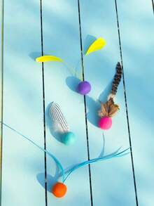 1pc New Self-Entertaining Unique Handmade Natural Feather & Wool Ball Cat Teaser Wand Toy, Suitable For Small/Medium Cats, Interactive Play To Consume Energy And Strengthen Bond - Multicolor - View 3