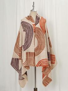 1件装女士秋冬仿羊绒条纹围巾，加厚保暖流苏刺绣波西米亚风旅行披肩斗篷 - 彩色 - 查看 3